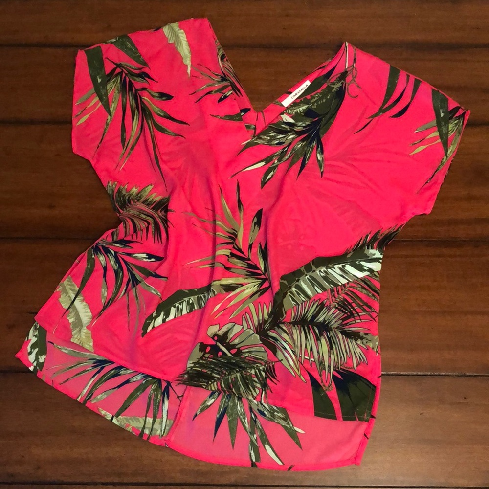 Caramela Pink and Palm Frond Print - V Neck Top - Size Small